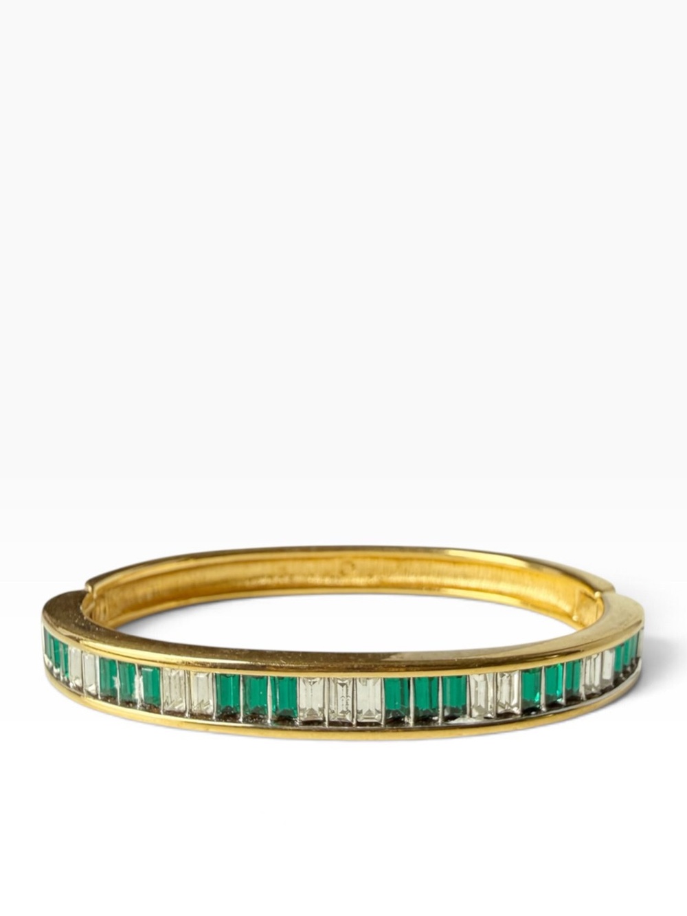 Vintage Swarovski Signed Green Clear Baguette Crystal Hinged Bangle Bracelet